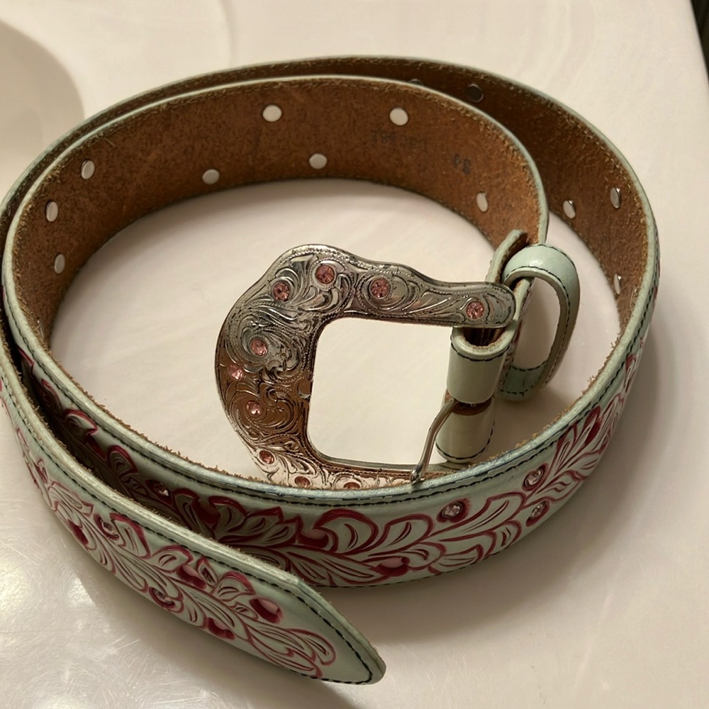 Tony Lama Rhinestone and Punk Heart Leather Belt with Silver Buckle